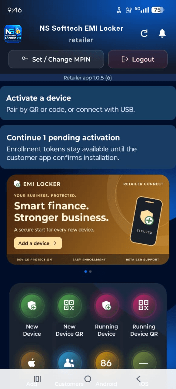 NS Softtech EMI Locker retailer dashboard with activation shortcuts