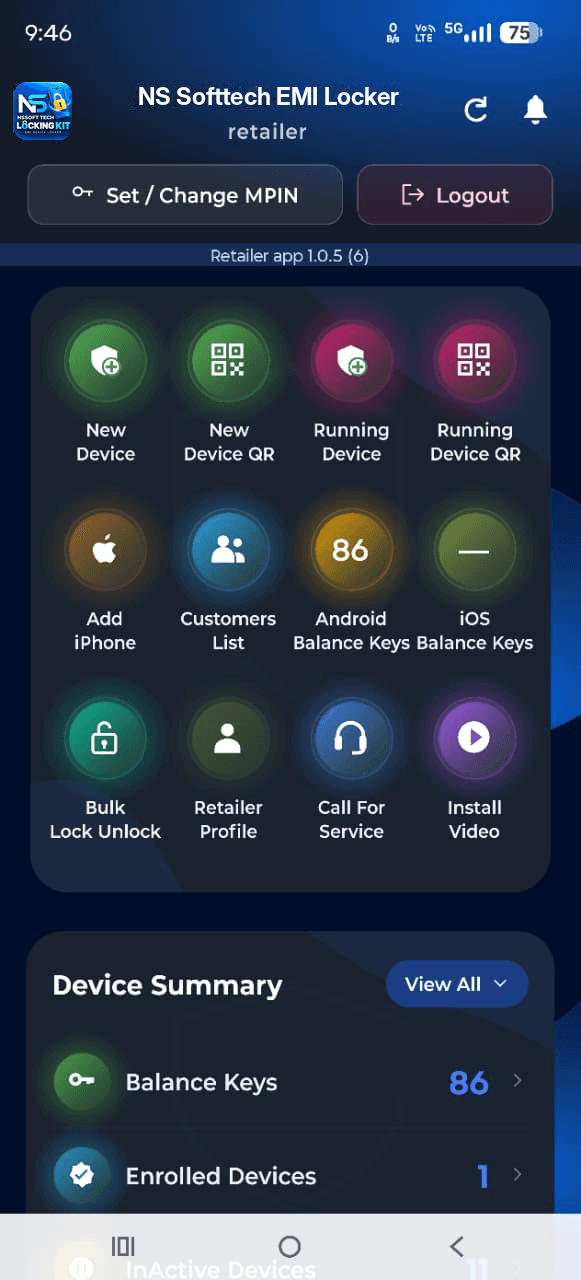 NS Softtech EMI Locker menu with device and customer management tools
