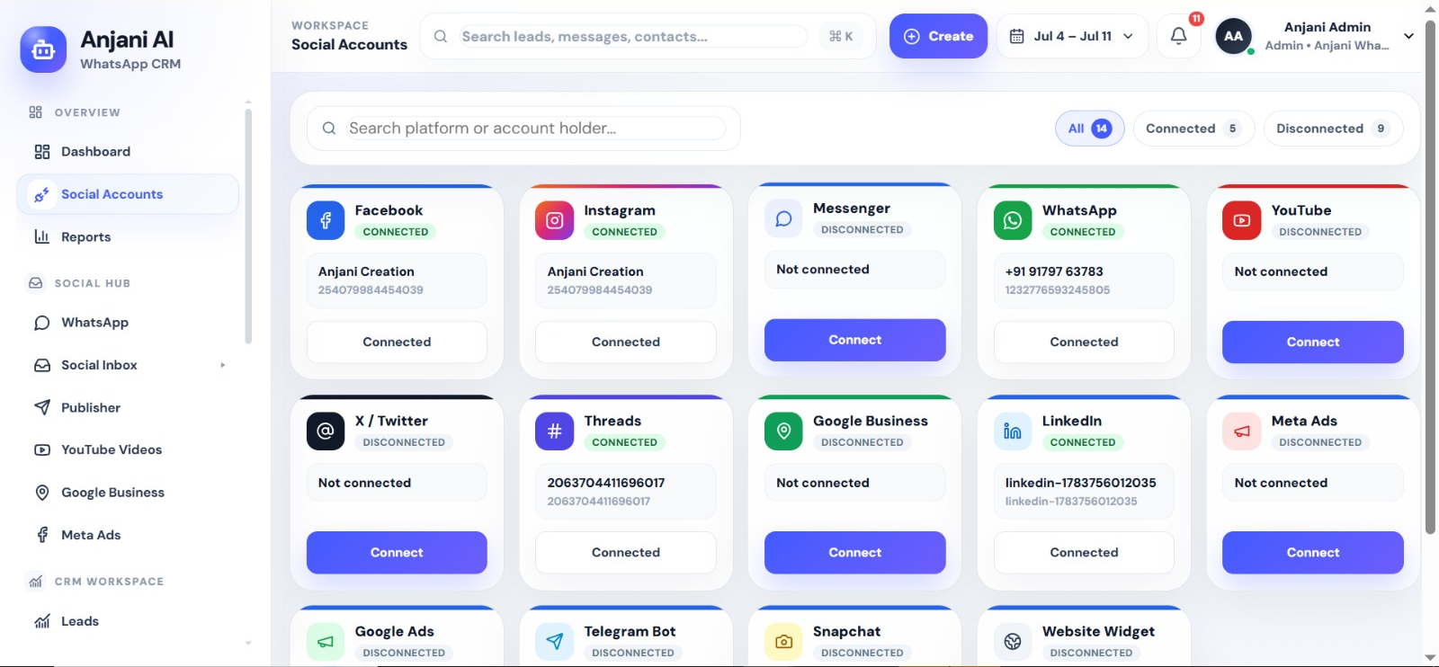 Social account connections inside Anjani AI WhatsApp CRM