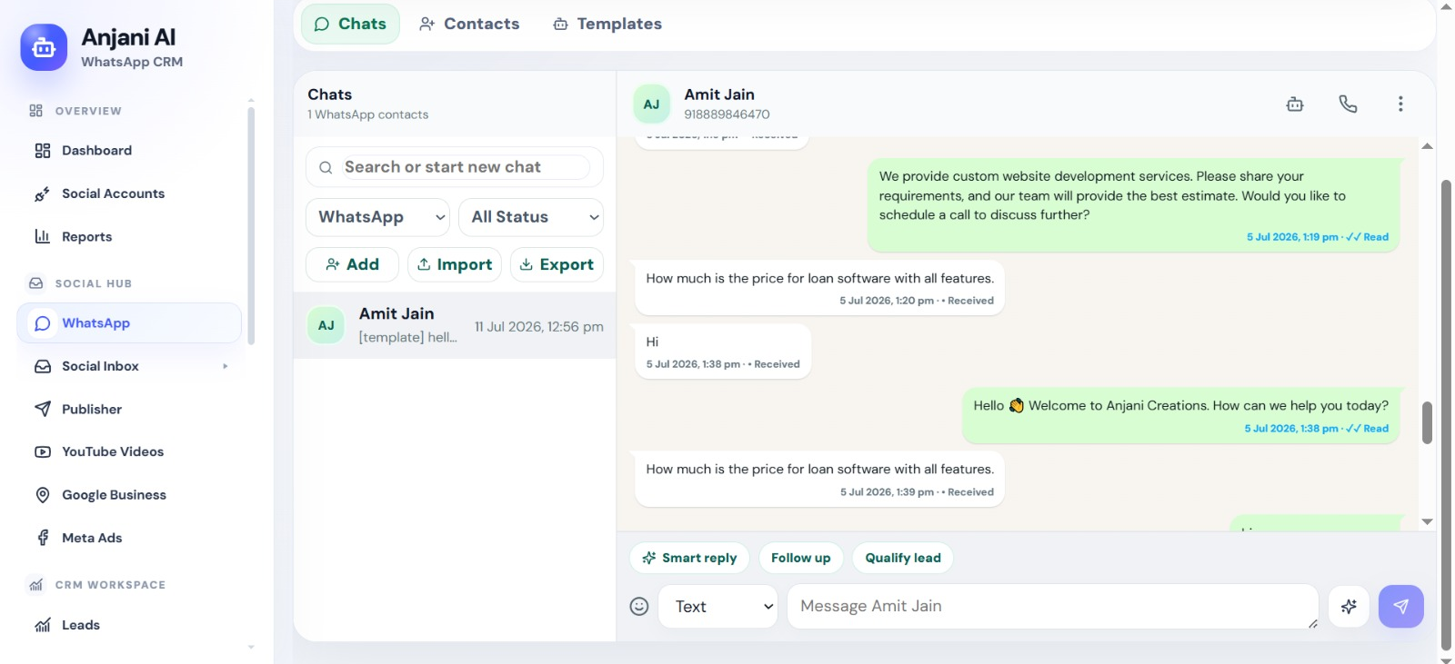 WhatsApp CRM chat screen with smart replies