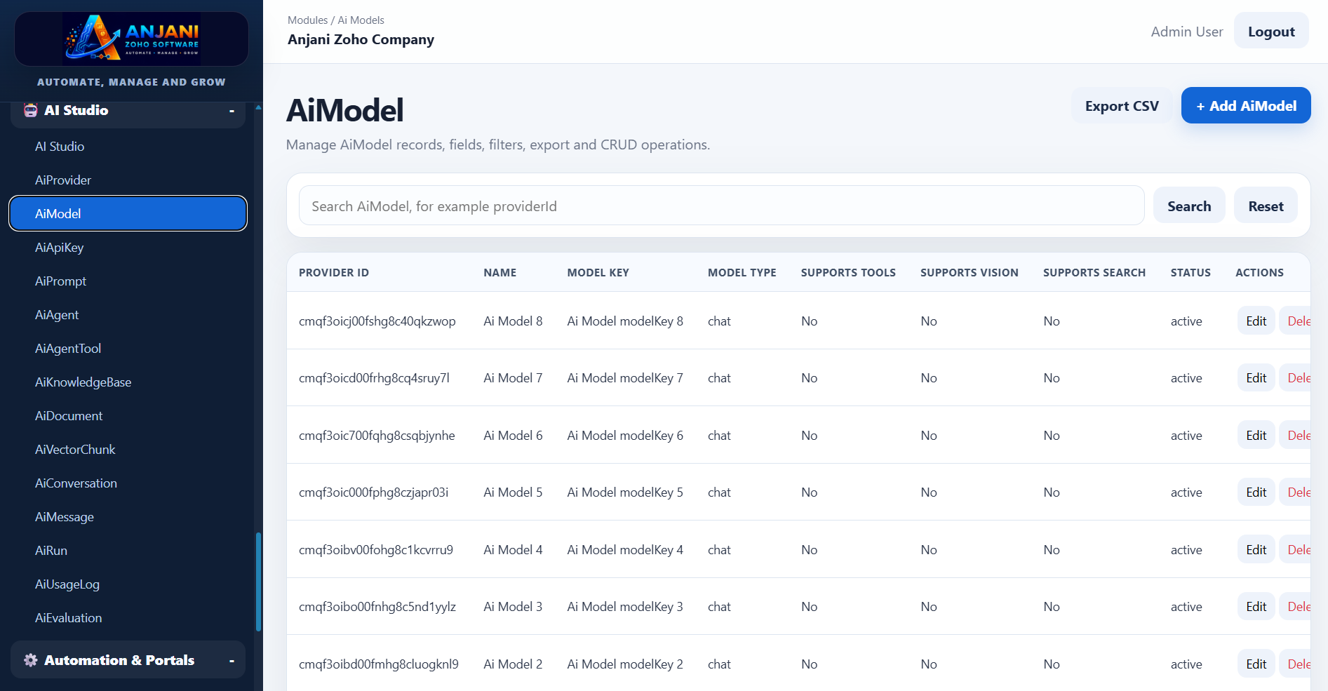 AI model module in Anjani Zoho Software
