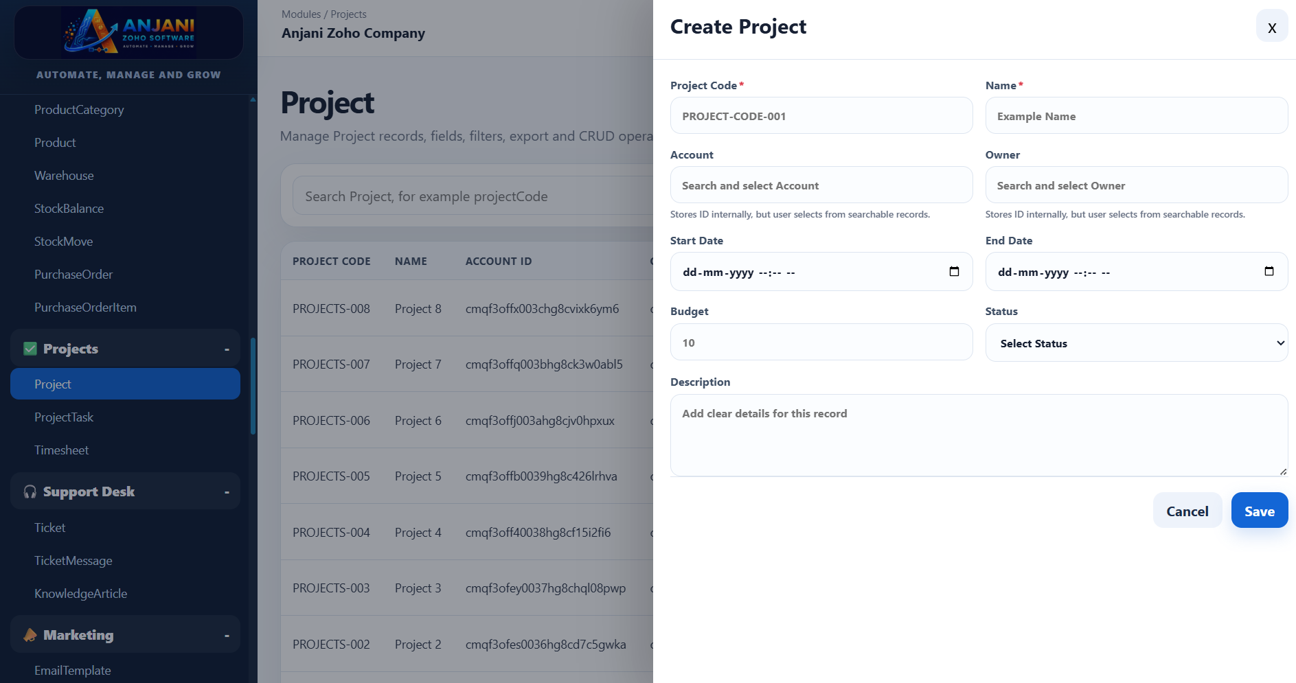 Project Creation Drawer